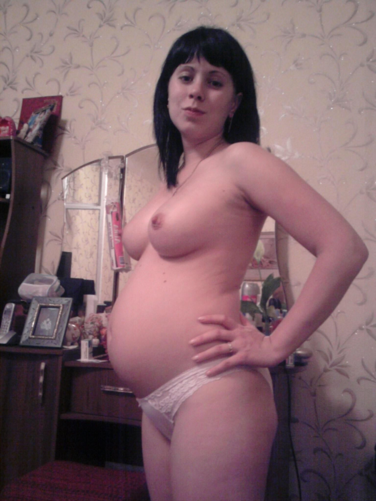 Pregnant brunette before n after