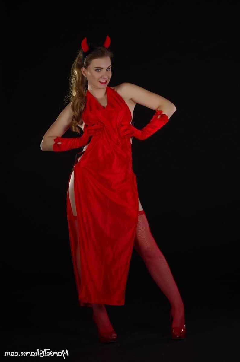 Marvelous Monica devilish red witch too hot to keep her dress 