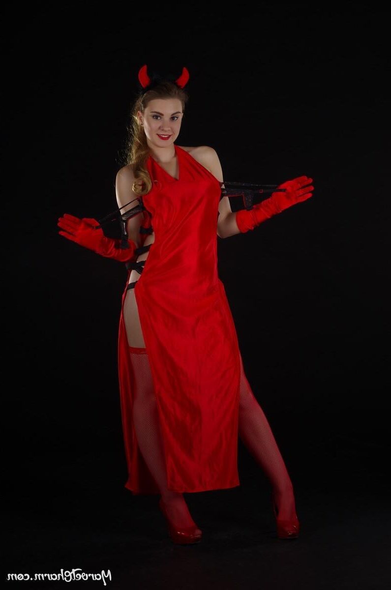 Marvelous Monica devilish red witch too hot to keep her dress 