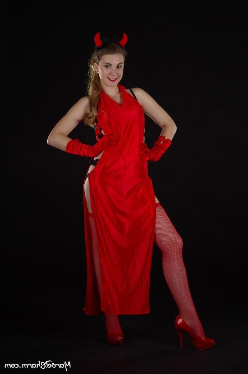 Marvelous Monica devilish red witch too hot to keep her dress 