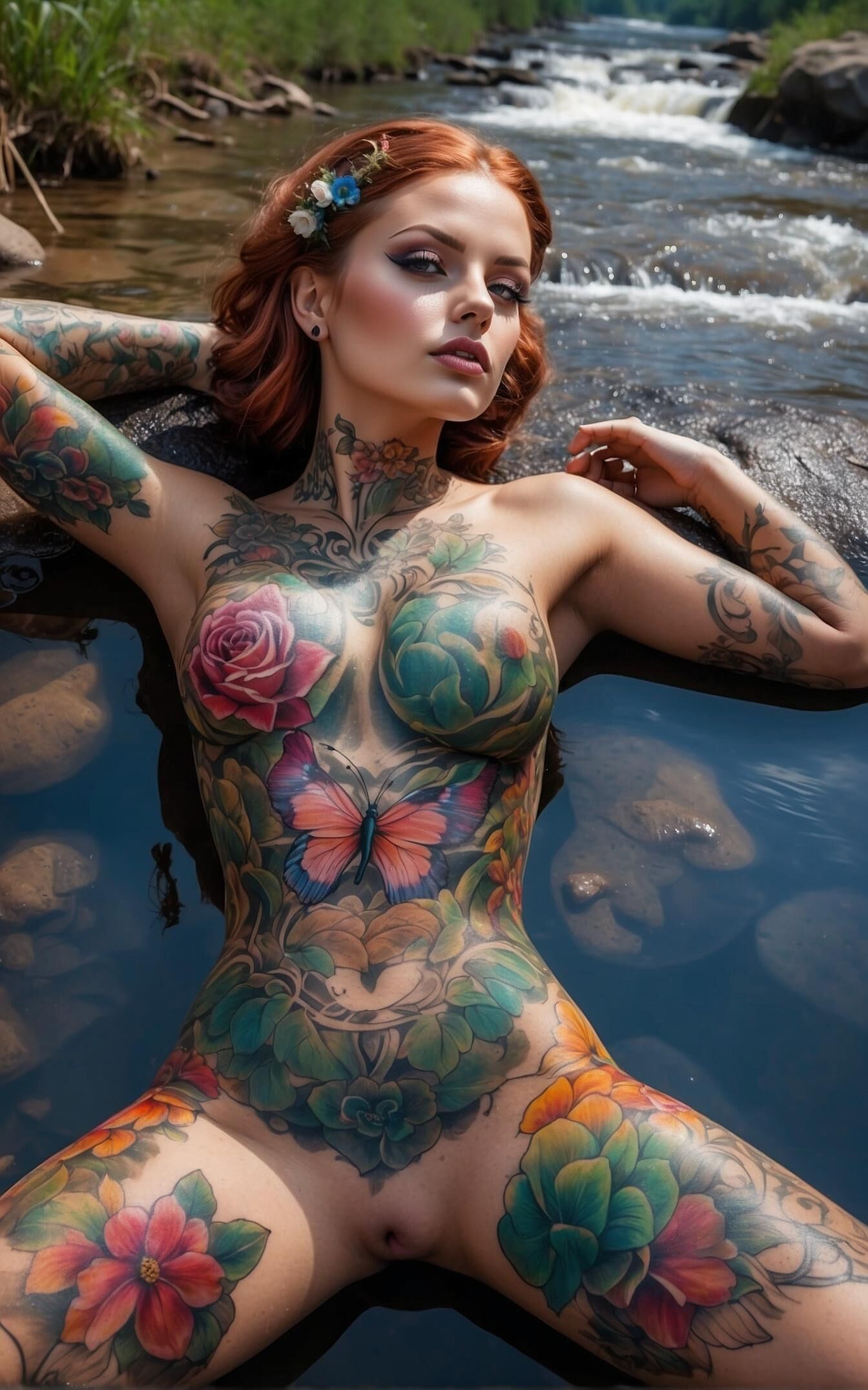 Tatouage complet du corps - femme allongée sur le rivage