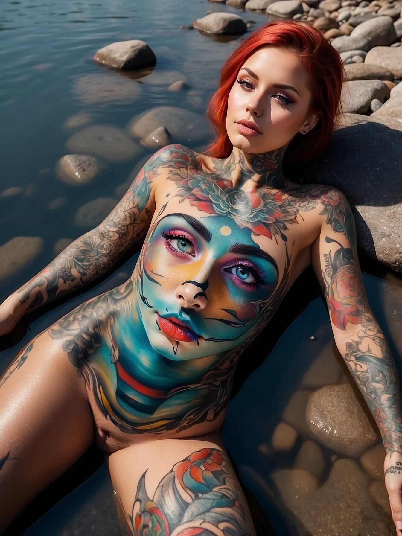 Tatouage complet du corps - femme allongée sur le rivage