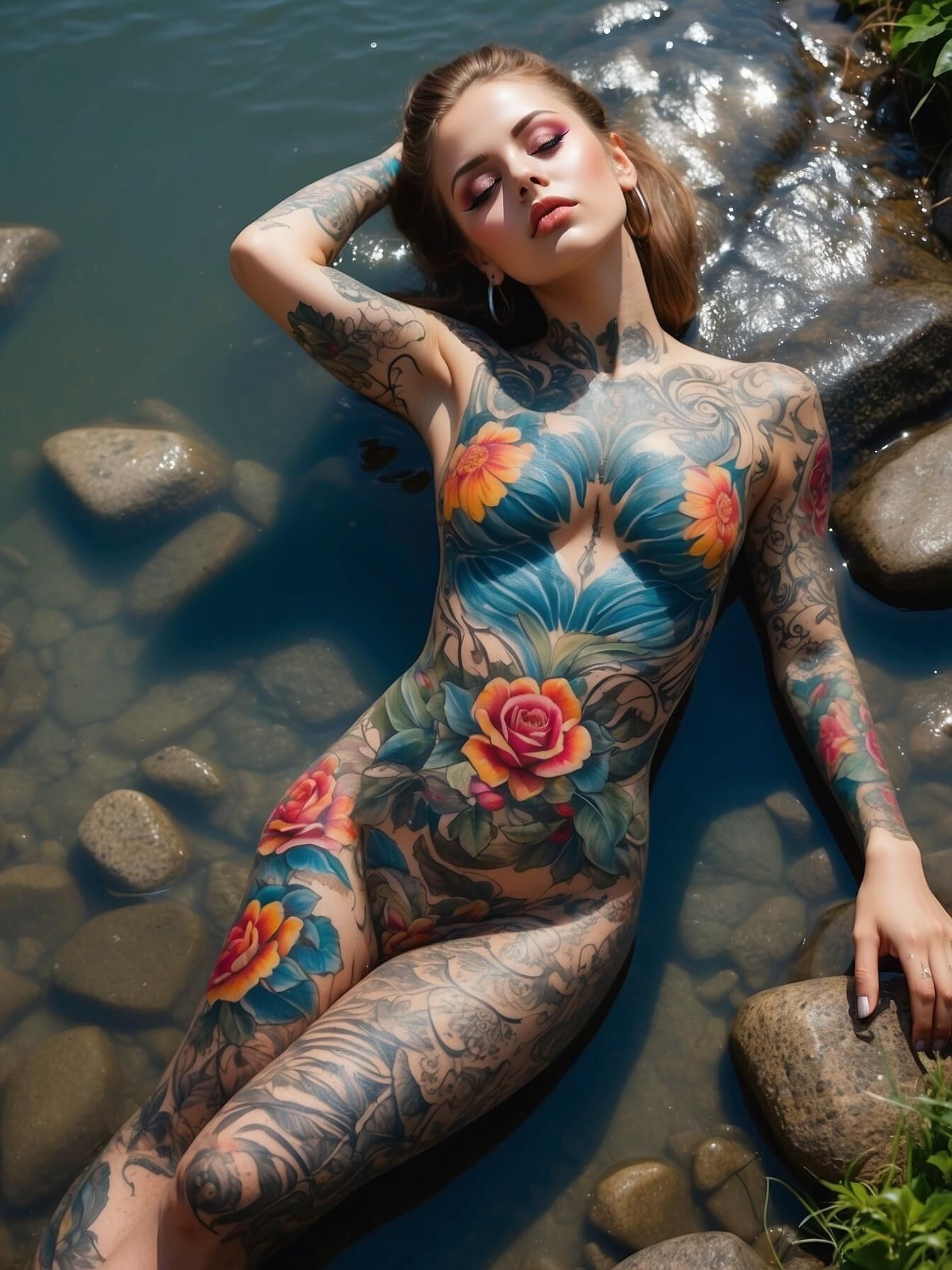 Tatouage complet du corps - femme allongée sur le rivage