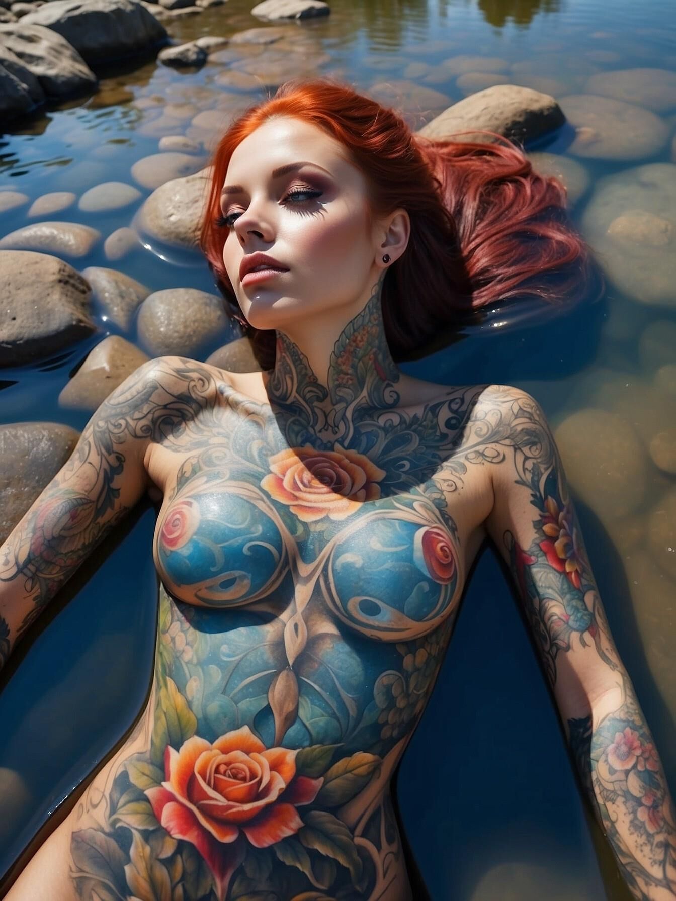 Tatouage complet du corps - femme allongée sur le rivage