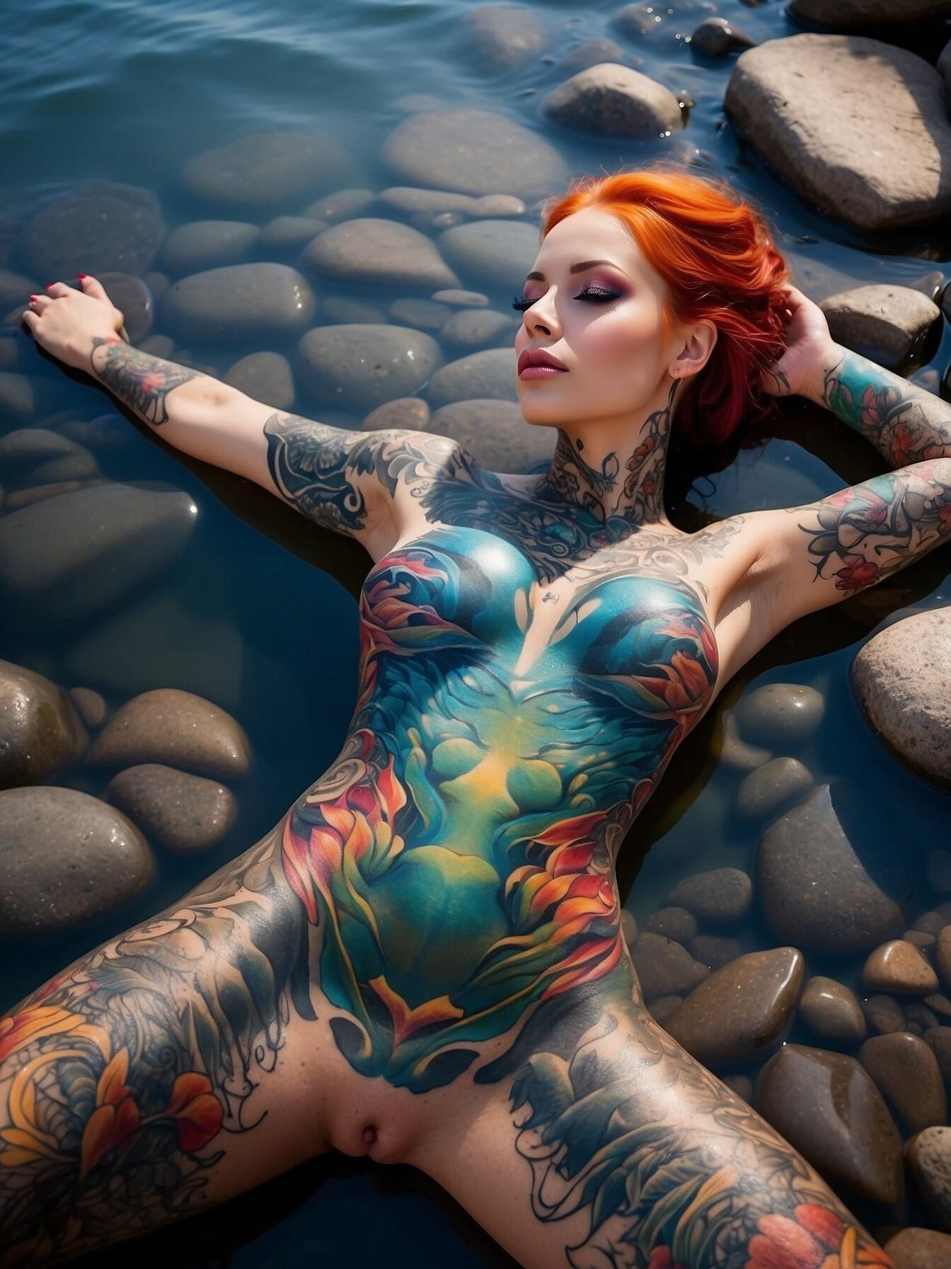 Tatouage complet du corps - femme allongée sur le rivage