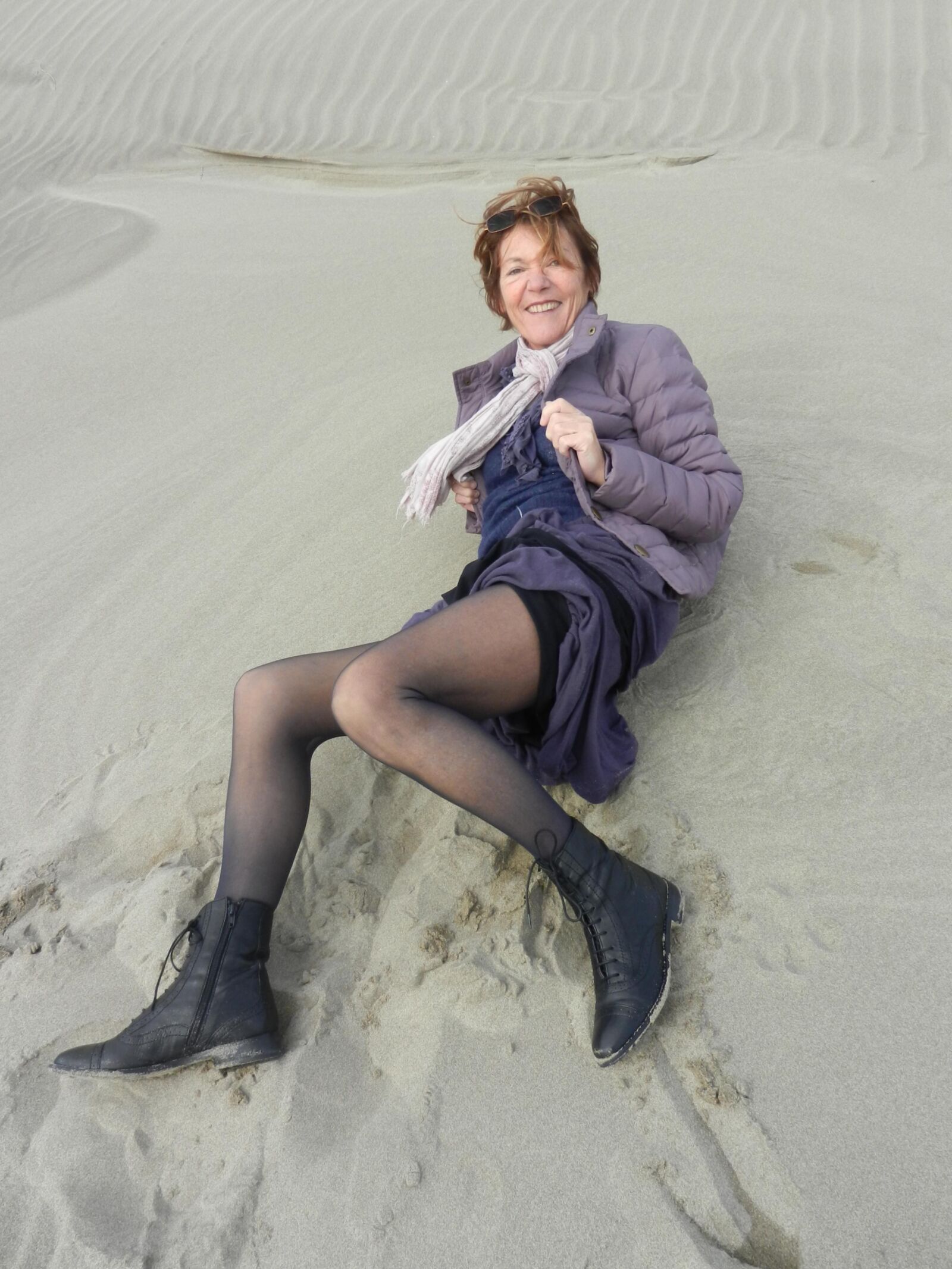 Old granny Annie on a beach in winter HD