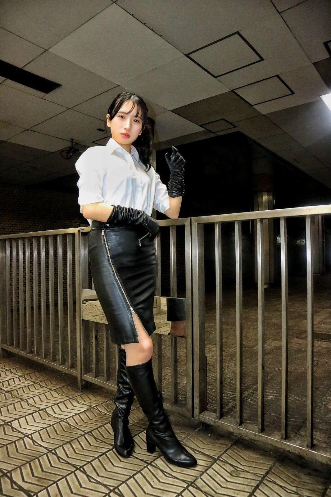Asiático, falta, nylons